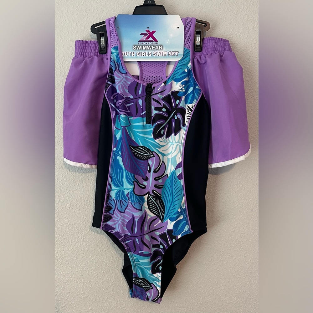 Zeroxposur Girls Lilac 1 Piece Swimsuit And Cover Up Short Set NWT Size L 14